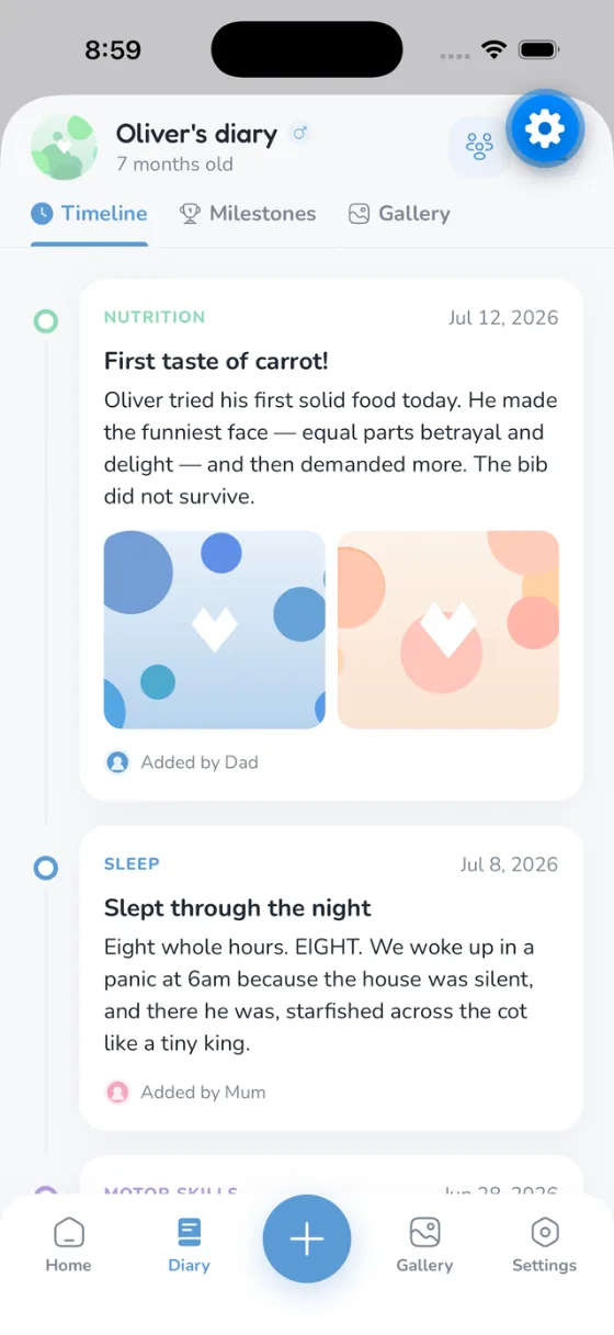 The diary timeline in Babies Diaries, with dated entries and photos